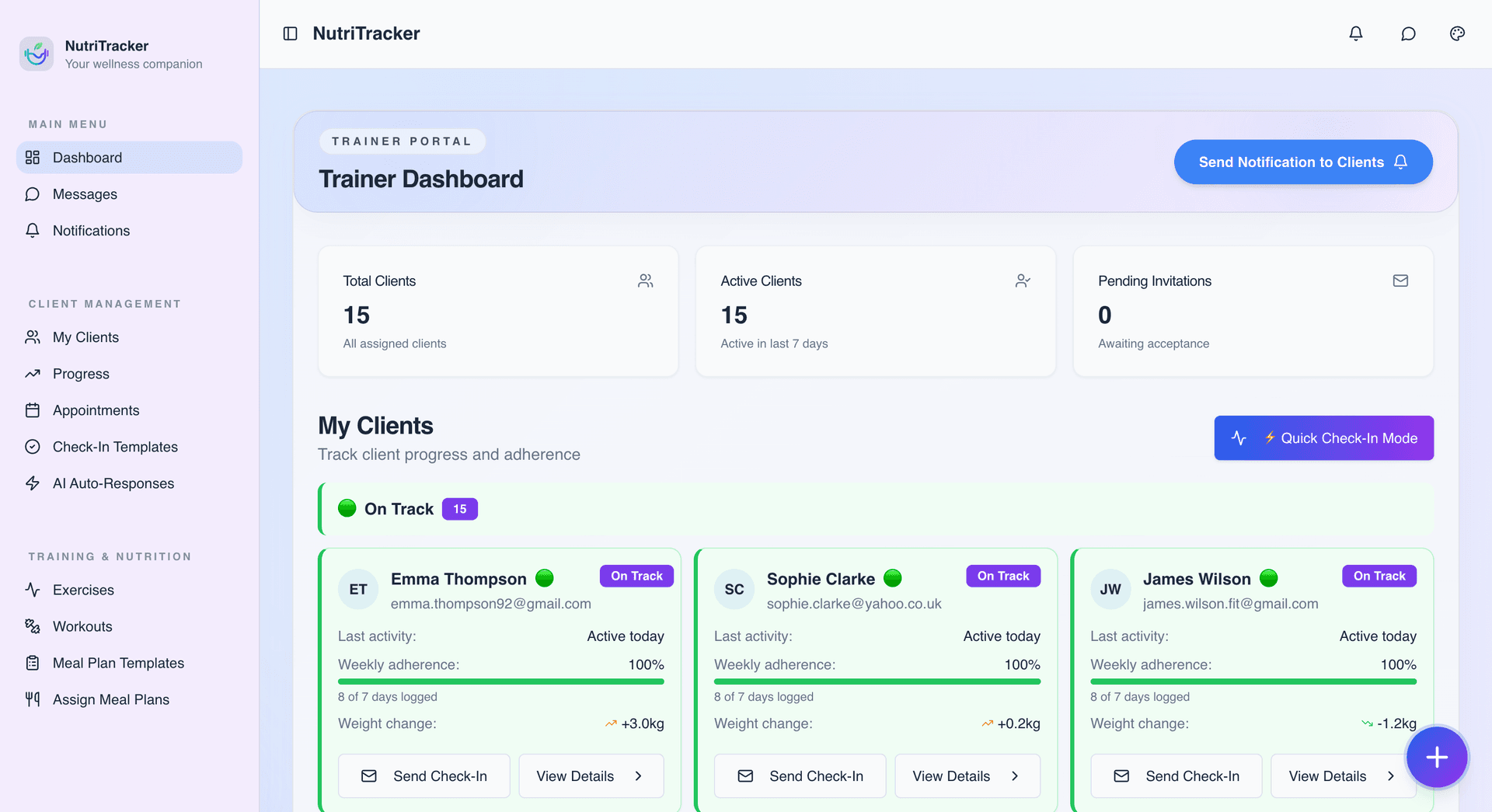 Personal trainer dashboard showing client list, workout programmes, and meal plan management