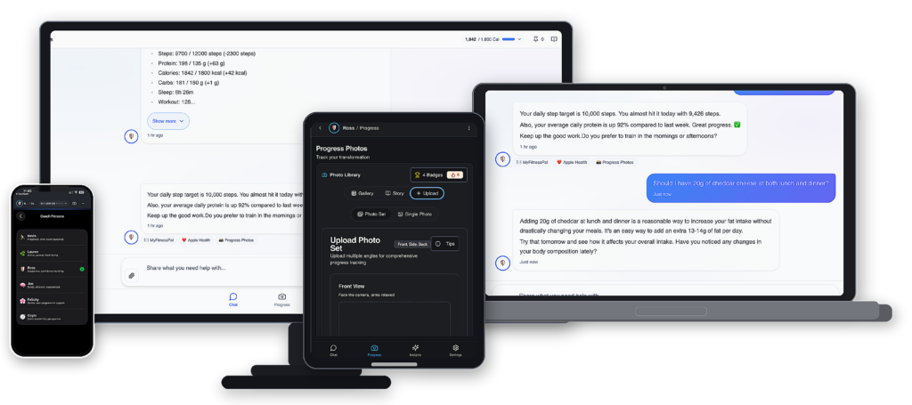 NutriTracker AI coaching chat showing personalised guidance on iPhone