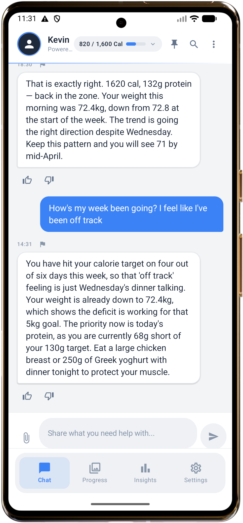 NutriTracker Android app showing AI coach Kevin giving specific weight and nutrition coaching based on remembered user history