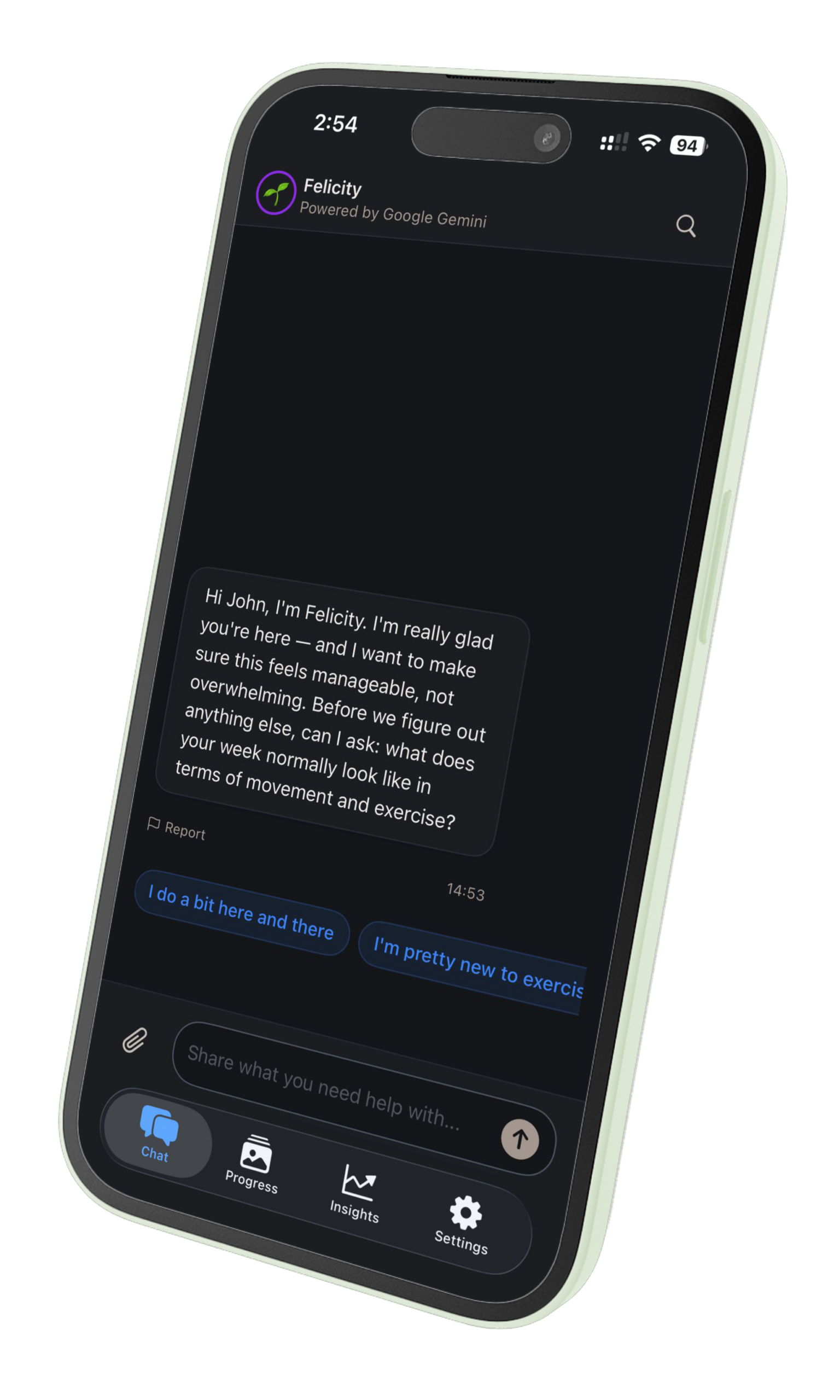 NutriTracker AI coach Felicity sending a warm first message to a beginner, asking about their current movement and exercise habits in a supportive, no-pressure chat conversation