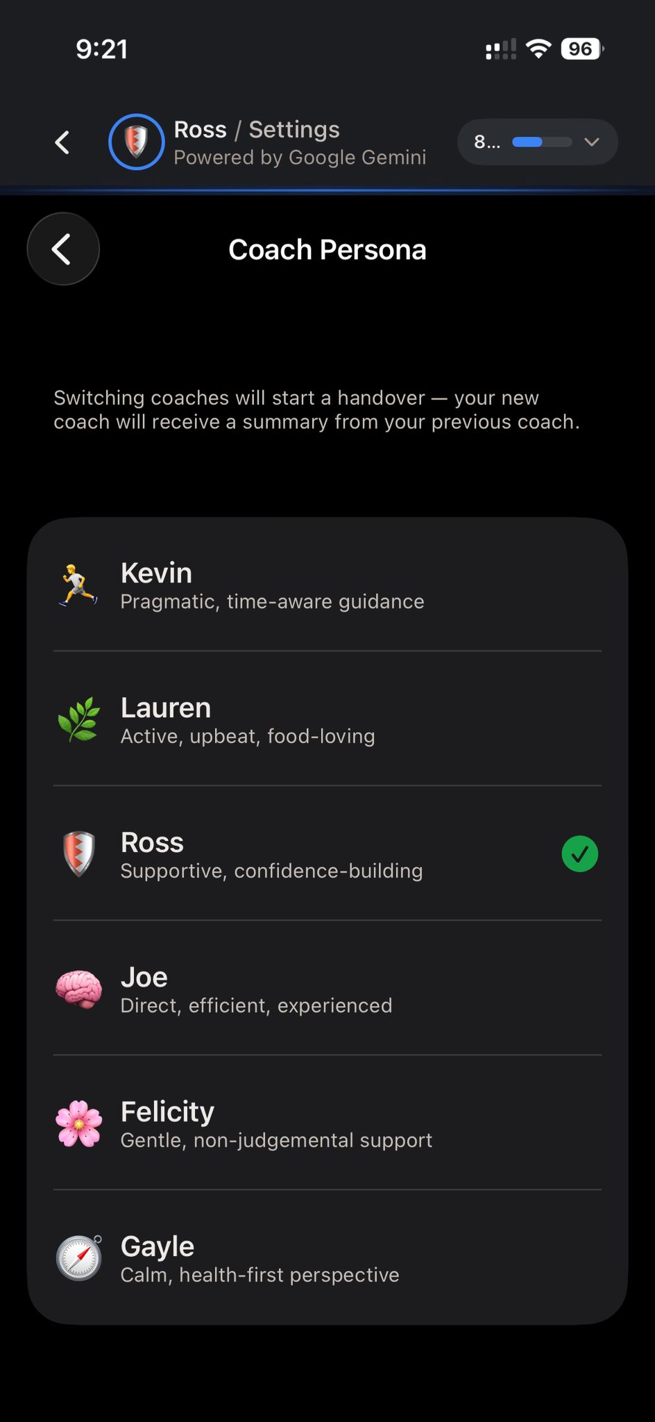 Six AI coaching personas to choose from in NutriTracker: Kevin, Lauren, Ross, Joe, Felicity and Gayle
