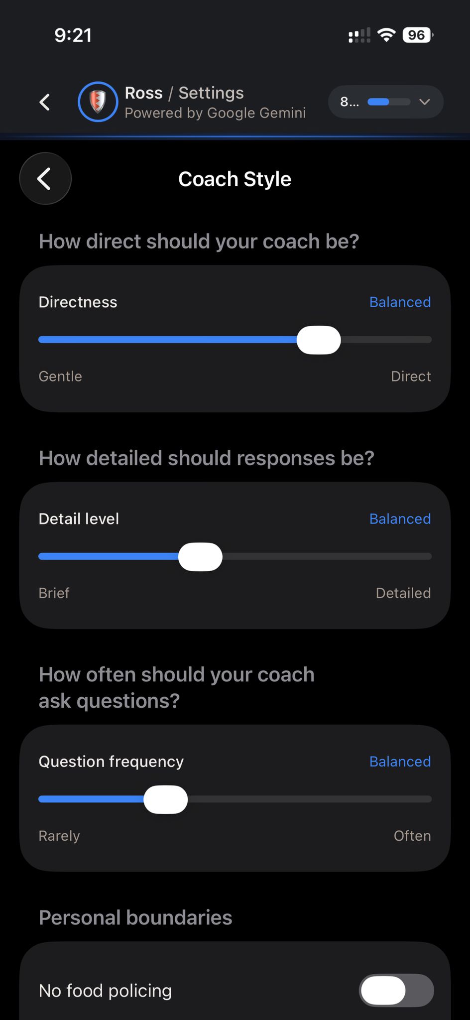 Coach style settings with directness, detail level and question frequency sliders plus personal boundary toggles