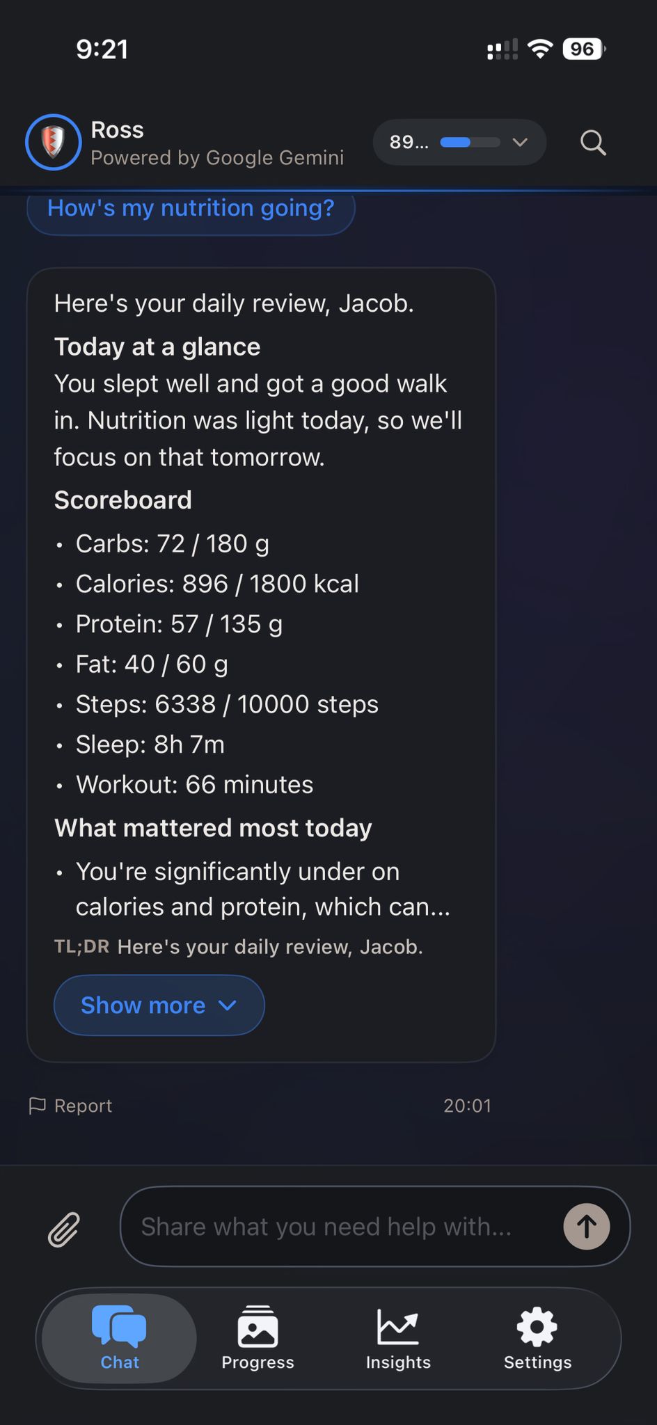 NutriTracker AI coach Ross delivering a personalised daily review with scoreboard showing calories, protein, steps, sleep and workout stats