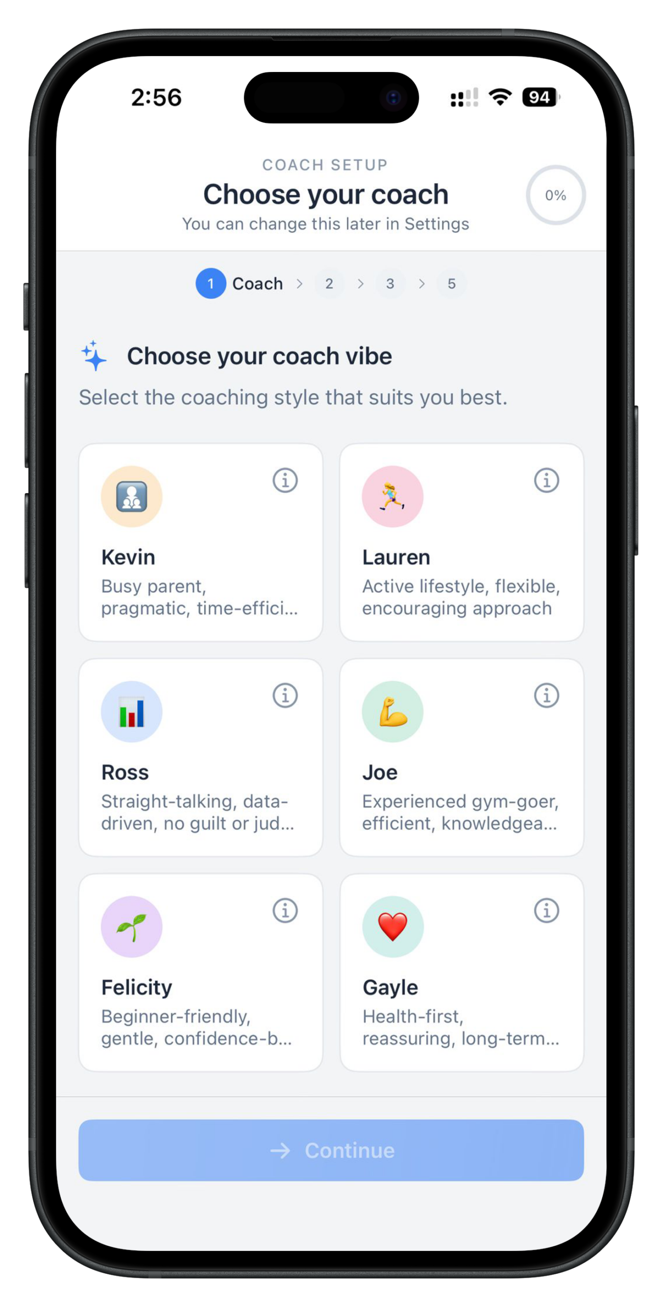 NutriTracker iOS app Choose Your Coach screen showing six distinct AI coaching personalities to select from