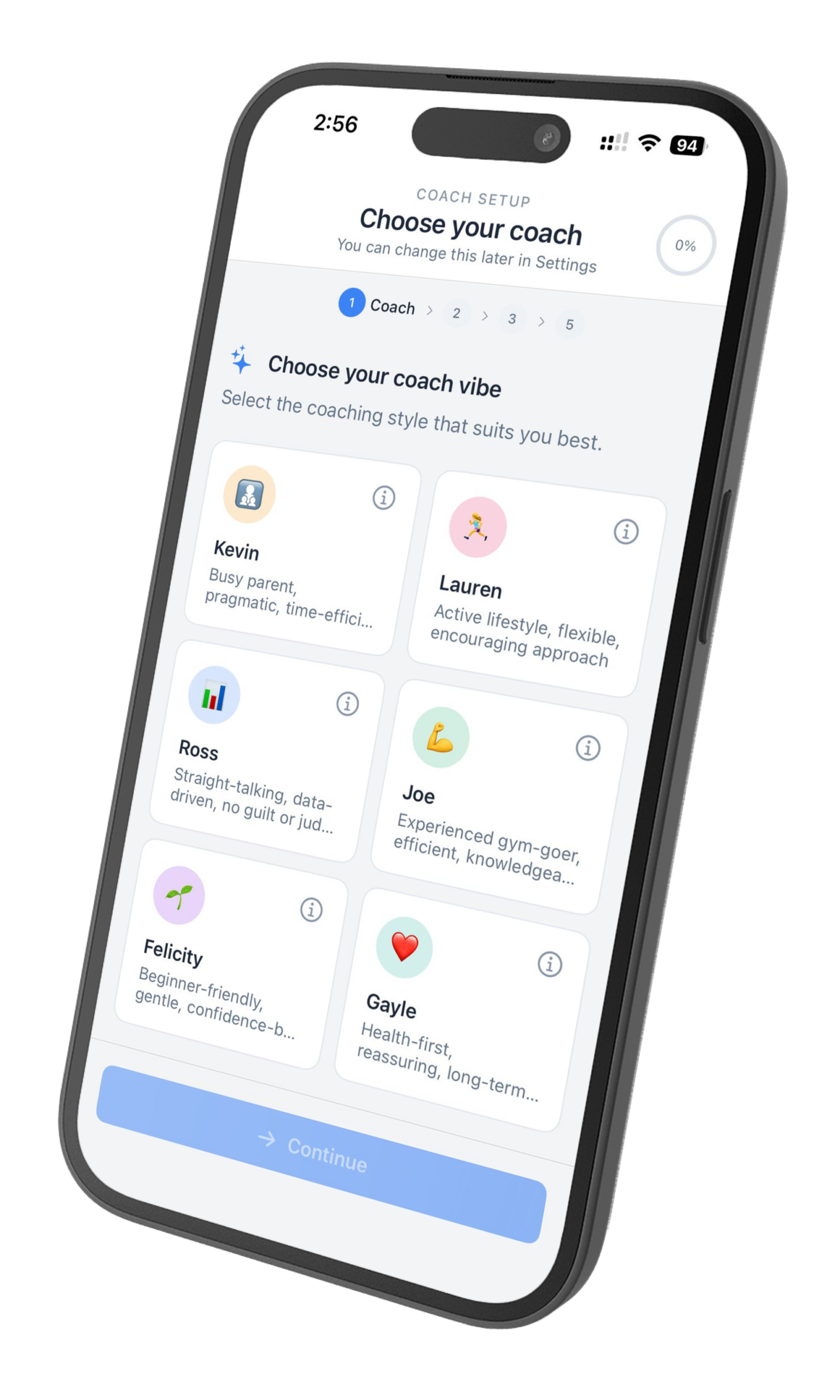 NutriTracker iOS app showing the Choose Your Coach screen with six AI coaching personalities: Kevin, Lauren, Ross, Joe, Felicity and Gayle