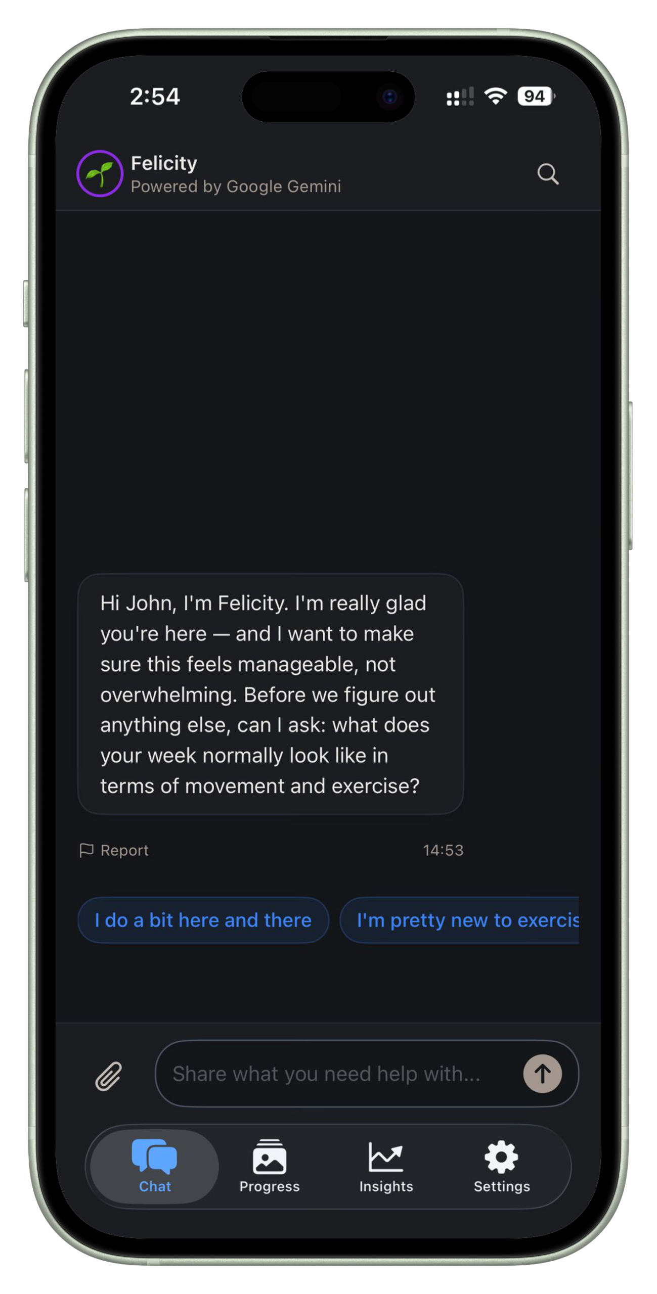 NutriTracker iOS app in dark mode showing AI coach Felicity sending a warm welcoming first message to a new user