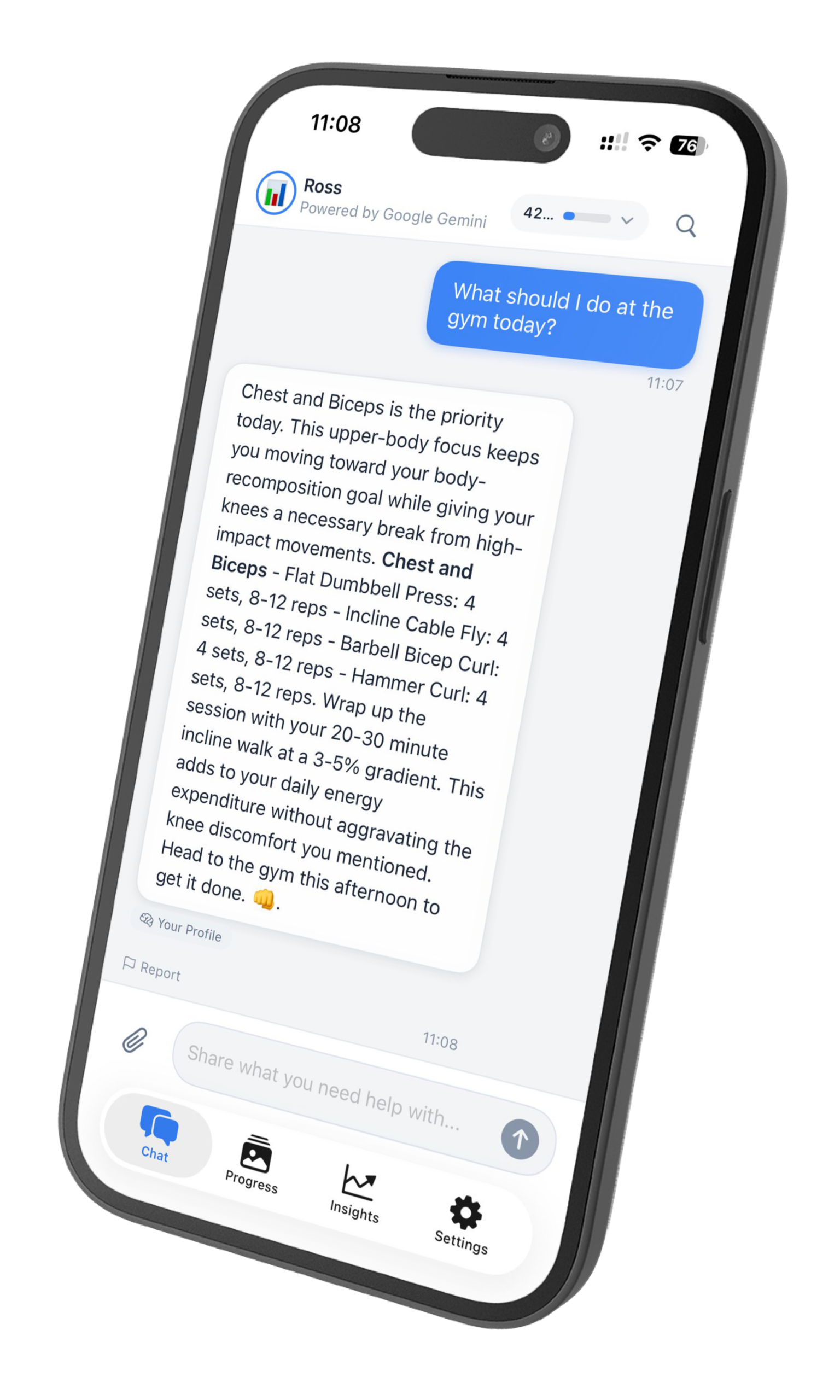 NutriTracker iOS app showing AI coach Ross giving a personalised gym plan with specific exercises, sets, and reps